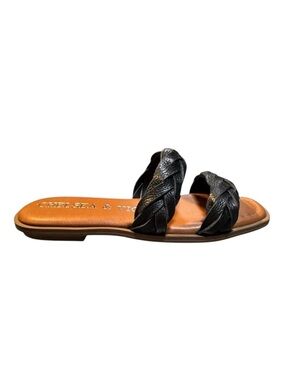 Chelsea & Violet Black Genuine Leather Braided Slide-On Sandals
